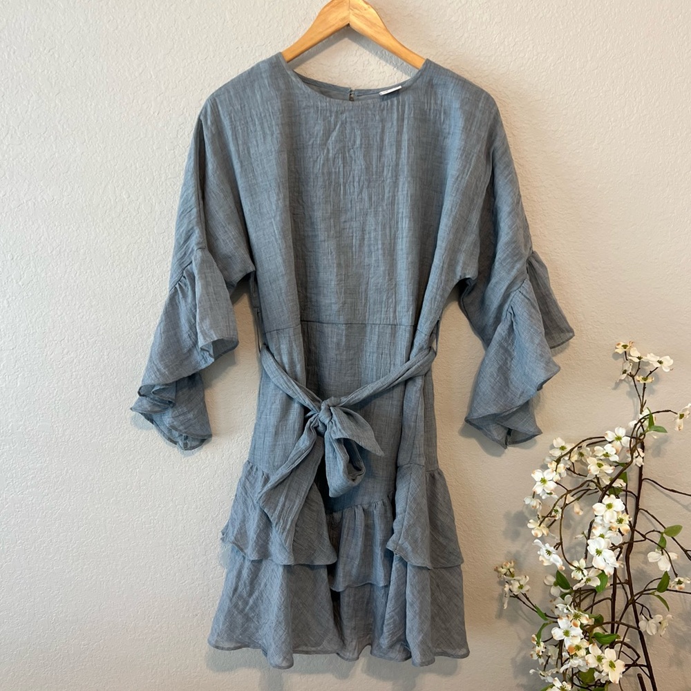 Selfie Leslie Blue Gray Ruffle Trim Dress M